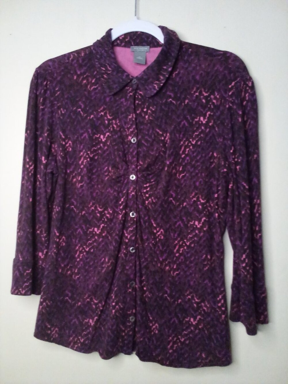 Ann Taylor Shirt Women LP Large Petite Button Up 3/4 Sleeve Pattern Purple Pink